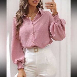 Luxe Swiss dot lantern sleeve button down blouse